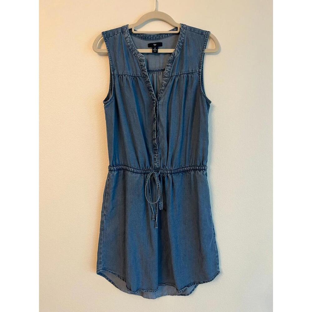 Retro Gap Sleeveless Denim Dress knee length drawstring waist S